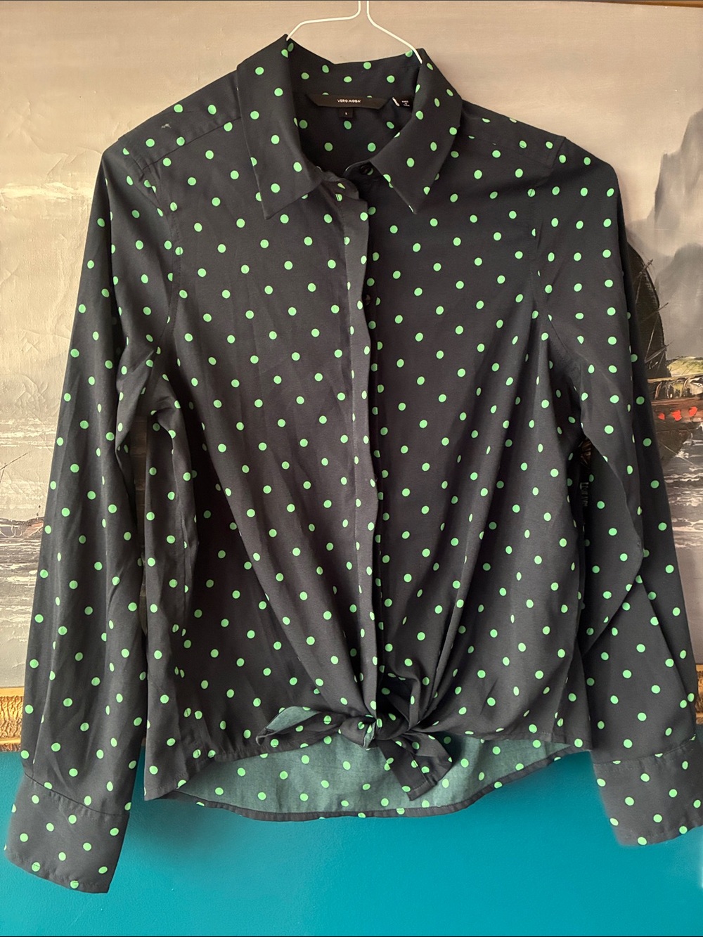 Vero Moda Navy & Green Polka Dot Tie Front Blouse | French Girl Button-Up | S